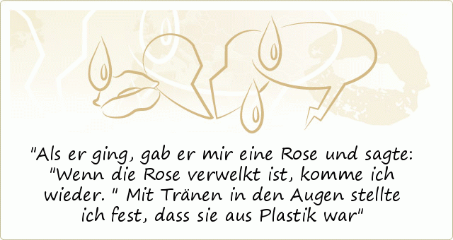 Als er ging,gab er mir eine Rose und sagte: "Wenn die Rose verwelkt ist,komme ich wieder." Mit Tränen in den Augen stellte ich fest, dass sie aus Plastik war Als er ging,gab er mir eine Rose und sagte: "Wenn die Rose verwelkt ist,komme ich wieder." Mit Tränen in den Augen stellte ich fest, dass sie aus Plastik war