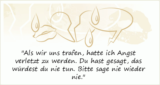 Als wir uns trafen, hatte ich Angst verletzt zu werden. Du hast gesagt, das würdest du nie tun. Bitte sage nie wieder nie. Als wir uns trafen, hatte ich Angst verletzt zu werden. Du hast gesagt, das würdest du nie tun. Bitte sage nie wieder nie.