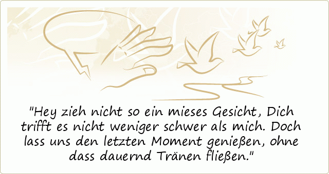 Hey zieh nicht so ein mieses Gesicht,
Dich trifft es nicht weniger schwer als mich.
Doch lass uns den letzten Moment genießen,
ohne dass dauernd Tränen fließen. Hey zieh nicht so ein mieses Gesicht,
Dich trifft es nicht weniger schwer als mich.
Doch lass uns den letzten Moment genießen,
ohne dass dauernd Tränen fließen.