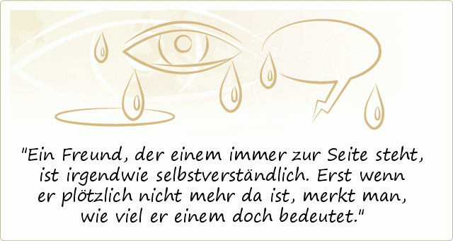 Ein Freund, der einem immer zur Seite steht, ist irgendwie selbstverständlich. Erst wenn er plötzlich nicht mehr da ist, merkt man, wie viel er einem doch bedeutet. Ein Freund, der einem immer zur Seite steht, ist irgendwie selbstverständlich. Erst wenn er plötzlich nicht mehr da ist, merkt man, wie viel er einem doch bedeutet.