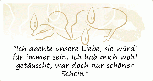 Ich dachte unsere Liebe, sie würd' für immer sein,
Ich hab mich wohl getäuscht, war doch nur schöner Schein. Ich dachte unsere Liebe, sie würd' für immer sein,
Ich hab mich wohl getäuscht, war doch nur schöner Schein.