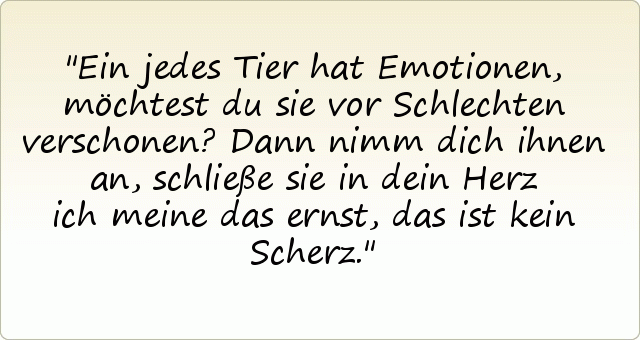 Ein jedes Tier hat Emotionen,
möchtest du sie vor Schlechten verschonen?
Dann nimm dich ihnen an,
schließe sie in dein Herz
ich meine das ernst, das ist kein Scherz. Ein jedes Tier hat Emotionen,
möchtest du sie vor Schlechten verschonen?
Dann nimm dich ihnen an,
schließe sie in dein Herz
ich meine das ernst, das ist kein Scherz.