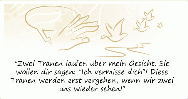 Zwei Tränen laufen über mein Gesicht. Sie wollen dir sagen: "Ich vermisse dich"! Diese Tränen werden erst vergehen, wenn wir zwei uns wieder sehen! Zwei Tränen laufen über mein Gesicht. Sie wollen dir sagen: "Ich vermisse dich"! Diese Tränen werden erst vergehen, wenn wir zwei uns wieder sehen!