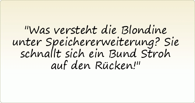 Was versteht die Blondine unter Speichererweiterung?
Sie schnallt sich ein Bund Stroh auf den Rücken! Was versteht die Blondine unter Speichererweiterung?
Sie schnallt sich ein Bund Stroh auf den Rücken!