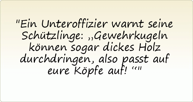 Ein Unteroffizier warnt seine Schützlinge: „Gewehrkugeln können sogar dickes Holz durchdringen, also passt auf eure Köpfe auf!“ Ein Unteroffizier warnt seine Schützlinge: „Gewehrkugeln können sogar dickes Holz durchdringen, also passt auf eure Köpfe auf!“